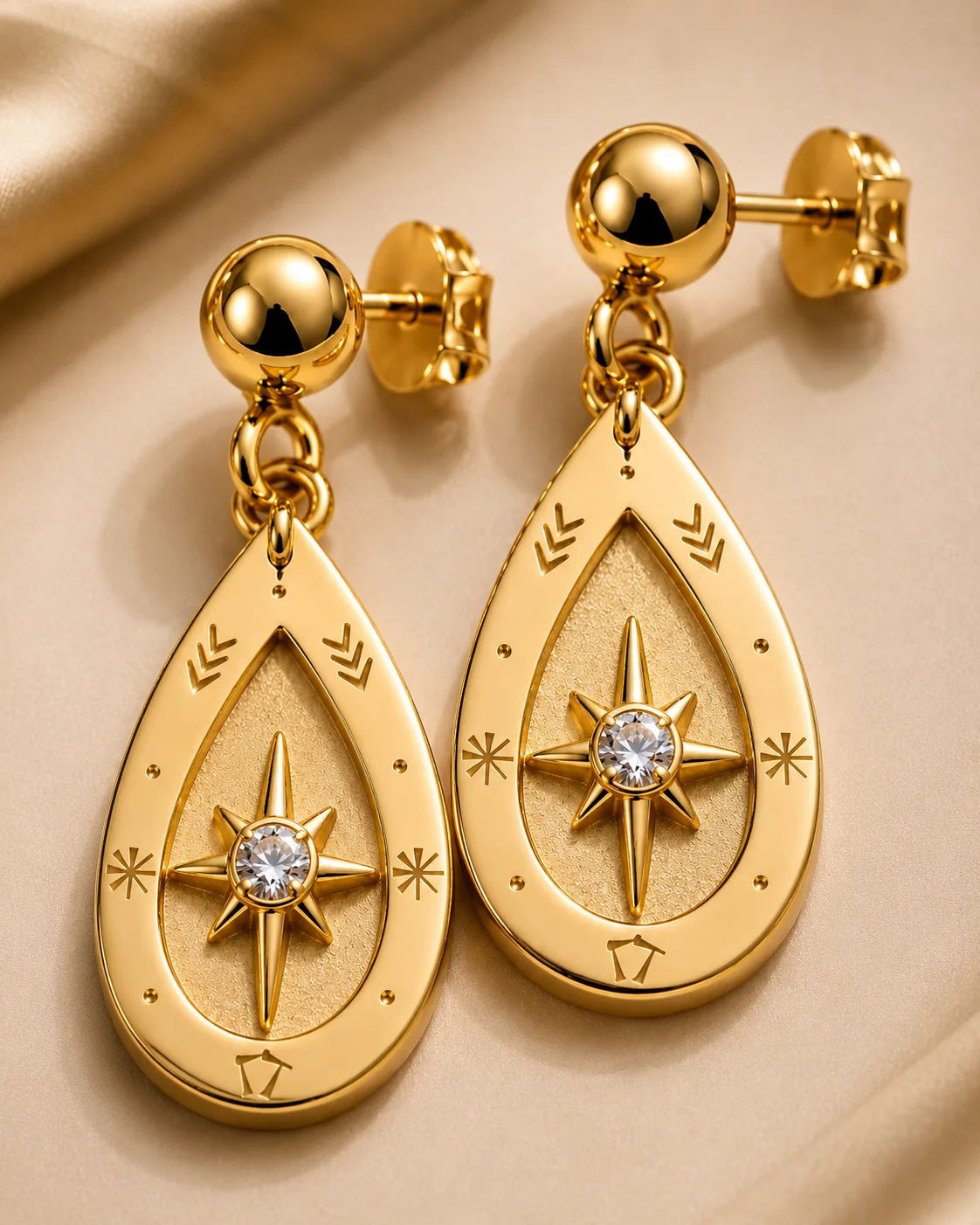 Teardrop Compass Drop Earrings in gold