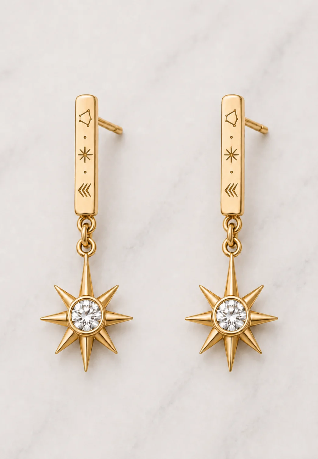 Engraved Bar Star Earrings in gold