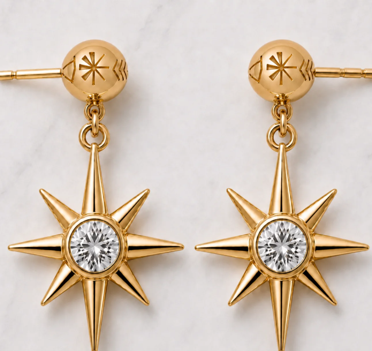 North Star Engraved Drop Earrings in gold